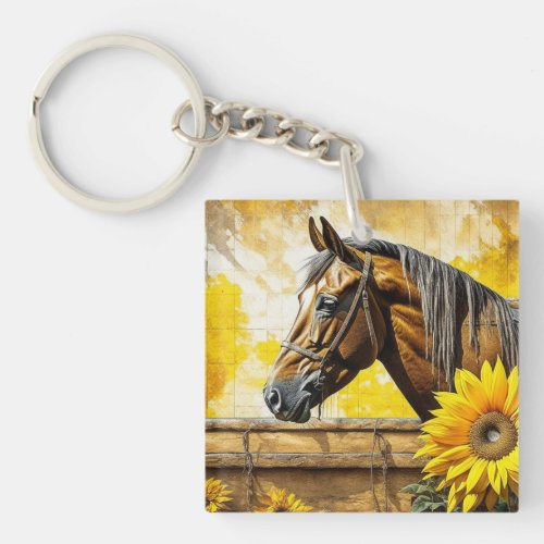 Horse and Sunflower Beautiful AI Art Personalized Keychain
