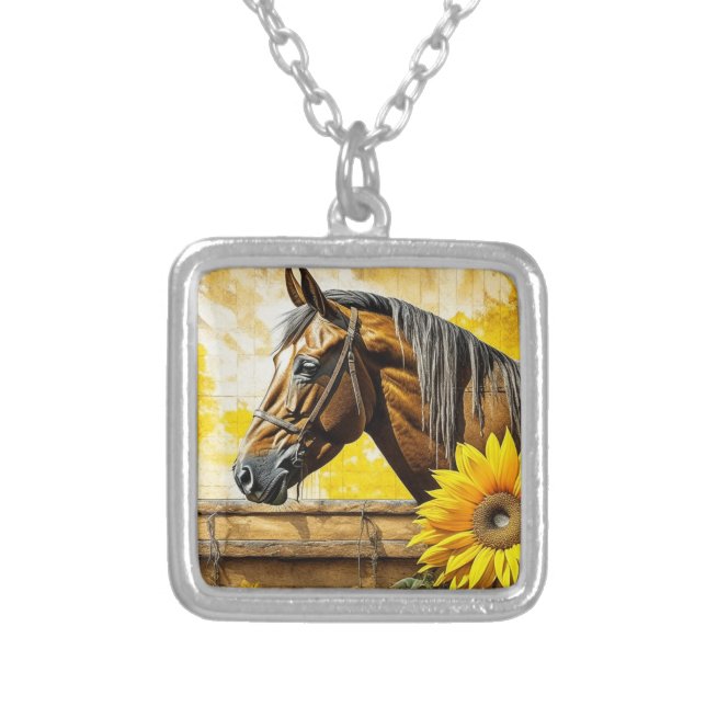 Horse and Sunflower Beautiful AI Art  Silver Plated Necklace (Front)