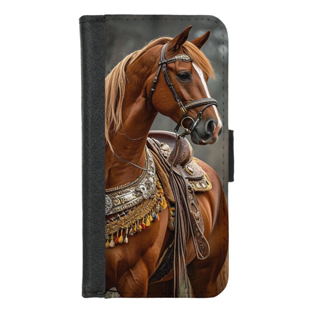 Horse and Vibrant Flower Field iPhone Wallet Case (Front)