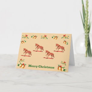 Horse Art Christmas Card Red Ribbon Gold Bells