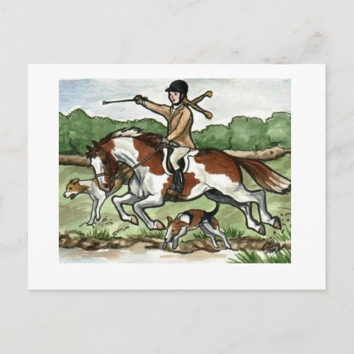 Horse Art Foxhunt girl on Paint Pony Postcard