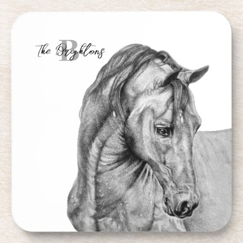 Horse art graphic pencil drawing black and white beverage coaster
