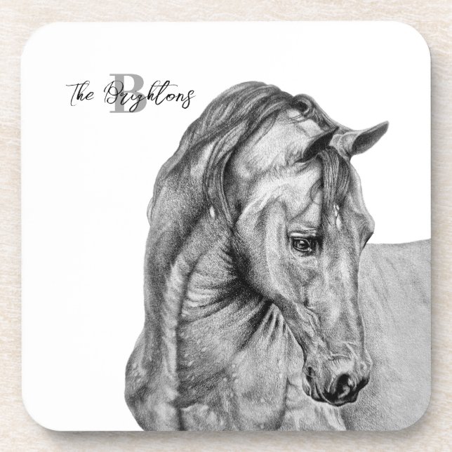 Horse art graphic pencil drawing black and white beverage coaster (Front)