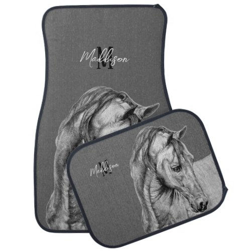 Horse art graphic pencil drawing black and white car floor mat