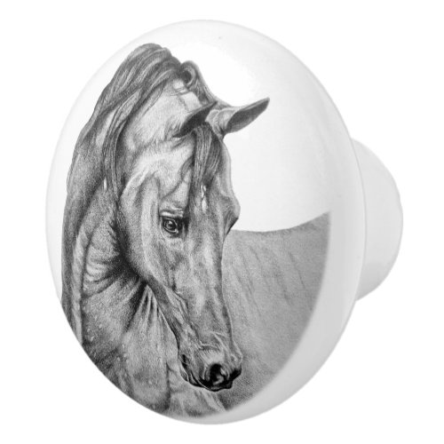 Horse art graphic pencil drawing black and white ceramic knob