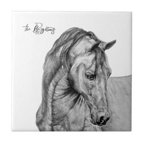 Horse art graphic pencil drawing black and white ceramic tile