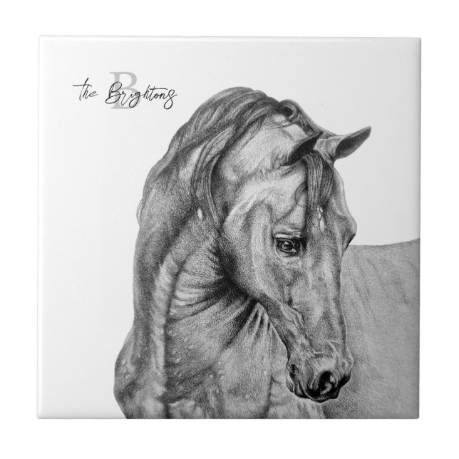 Horse art graphic pencil drawing black and white ceramic tile (Front)