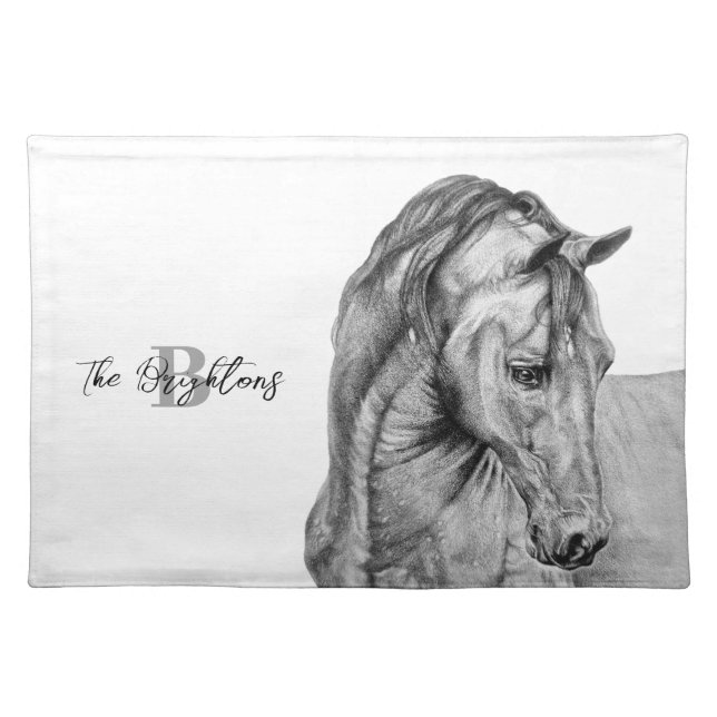 Horse art graphic pencil drawing black and white cloth placemat (Front)