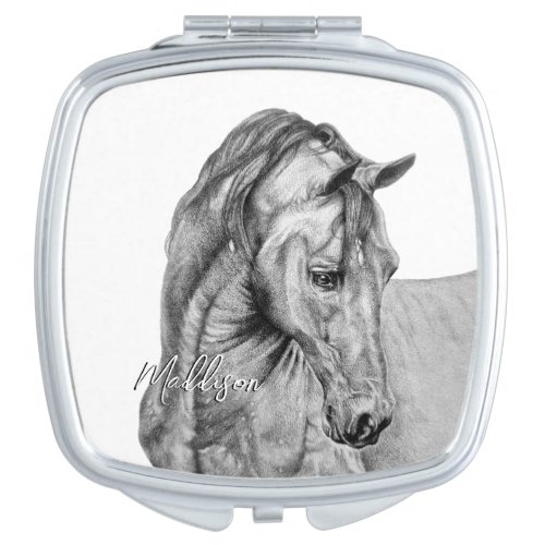 Horse art graphic pencil drawing black and white compact mirror