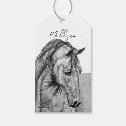 Horse art graphic pencil drawing black and white gift tags