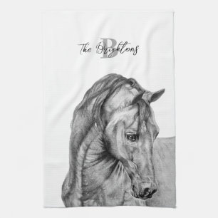 Horse art graphic pencil drawing black and white kitchen towel