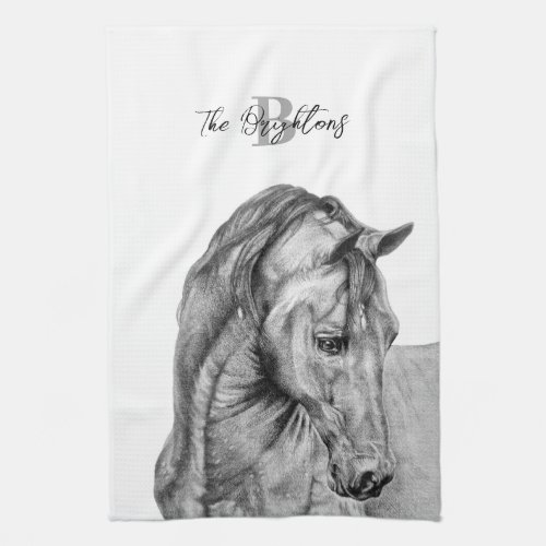 Horse art graphic pencil drawing black and white kitchen towel