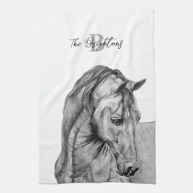 Horse art graphic pencil drawing black and white kitchen towel (Vertical)