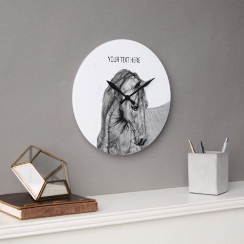 Horse art graphic pencil drawing black and white large clock