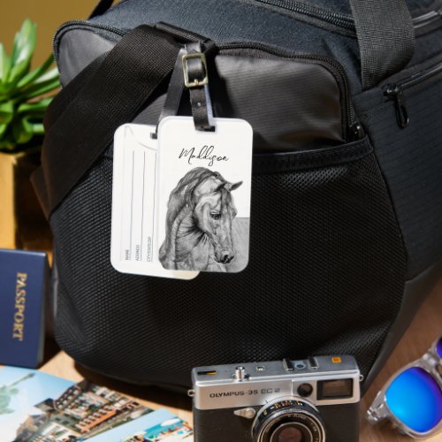 Horse art graphic pencil drawing black and white luggage tag