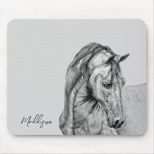 Horse art graphic pencil drawing black and white mouse pad