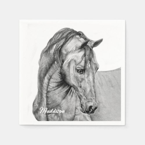 Horse art graphic pencil drawing black and white napkins