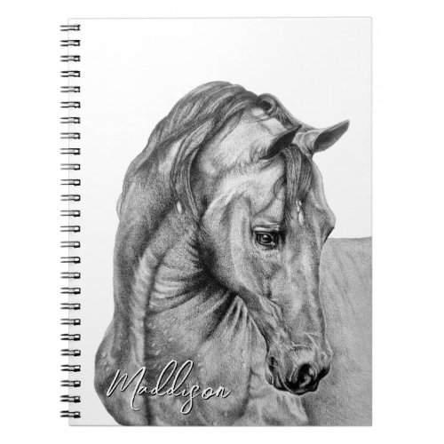 Horse art graphic pencil drawing black and white notebook