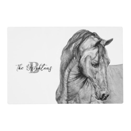 Horse art graphic pencil drawing black and white placemat