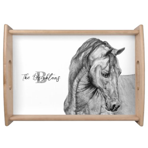 Horse art graphic pencil drawing black and white serving tray