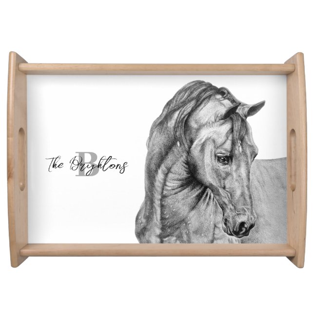 Horse art graphic pencil drawing black and white serving tray (Front)