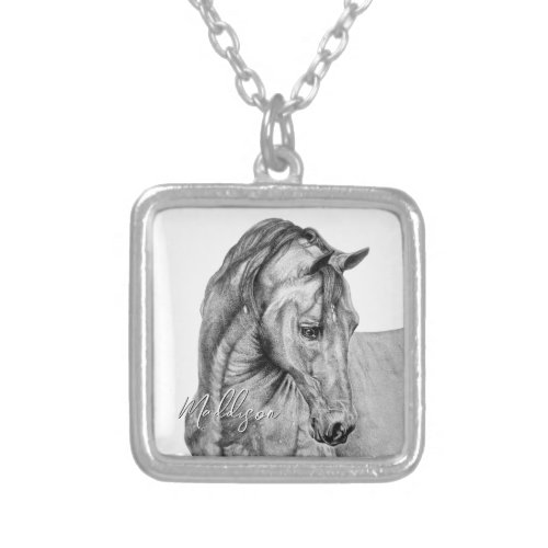 Horse art graphic pencil drawing black and white silver plated necklace