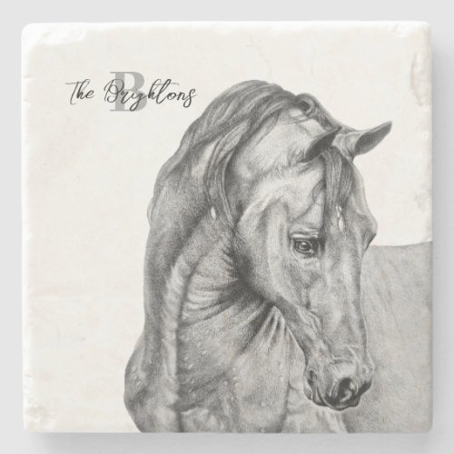 Horse art graphic pencil drawing black and white stone coaster