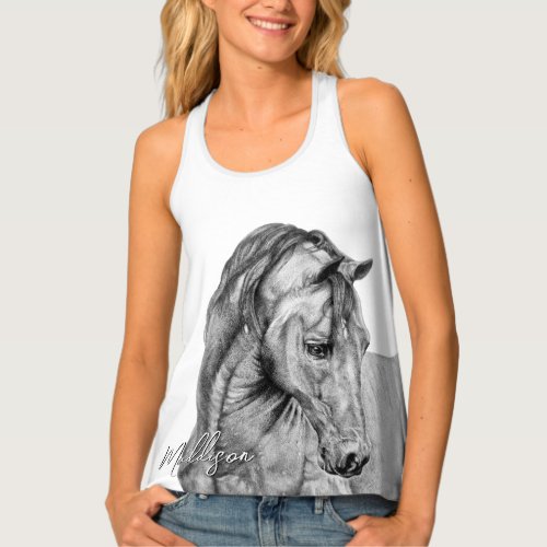 Horse art graphic pencil drawing black and white tank top