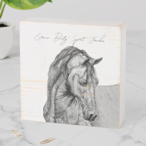 Horse art graphic pencil drawing black and white wooden box sign