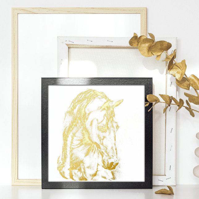 Horse art graphic pencil drawing gold art foil prints (Real gold foil original horse drawing, horse art, gold horse wall decor print.)