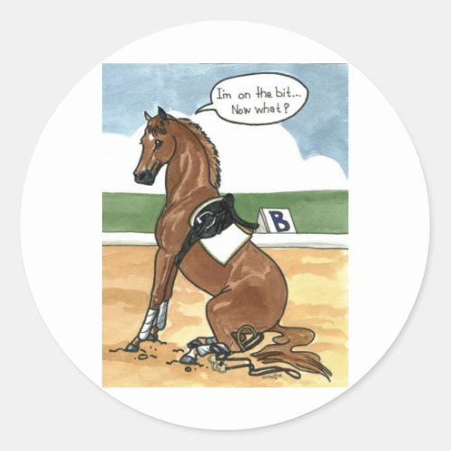 Horse art ON THE BIT now what Classic Round Sticker