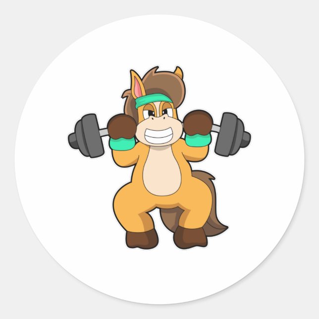 Horse as Bodybuilder with Barbell Classic Round Sticker (Front)