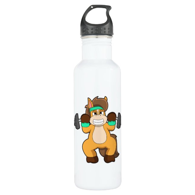 Horse as Bodybuilder with Barbell Stainless Steel Water Bottle (Front)