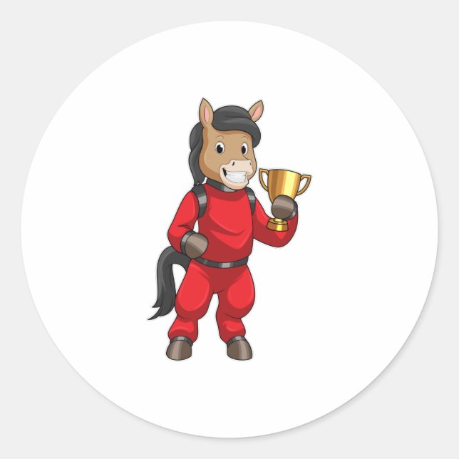 Horse as Champion with Trophy Classic Round Sticker (Front)