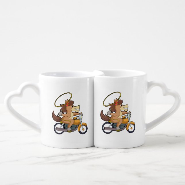 Horse as Cowboy with Lasso & Motorcycle Coffee Mug Set (Front Nesting)