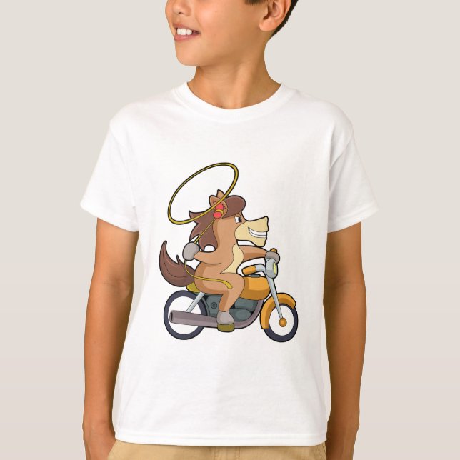 Horse as Cowboy with Lasso & Motorcycle T-Shirt (Front)