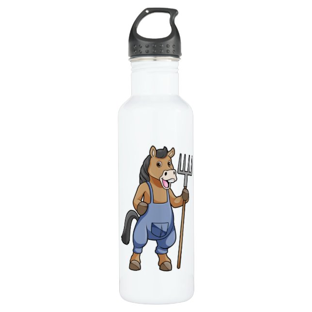 Horse as Farmer with Rake Stainless Steel Water Bottle (Front)
