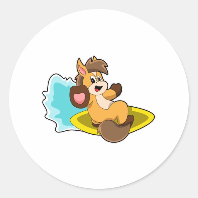 Horse as Surfer with Surfboard Classic Round Sticker (Front)