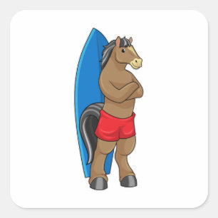 Horse as Surfer with Surfboard Square Sticker