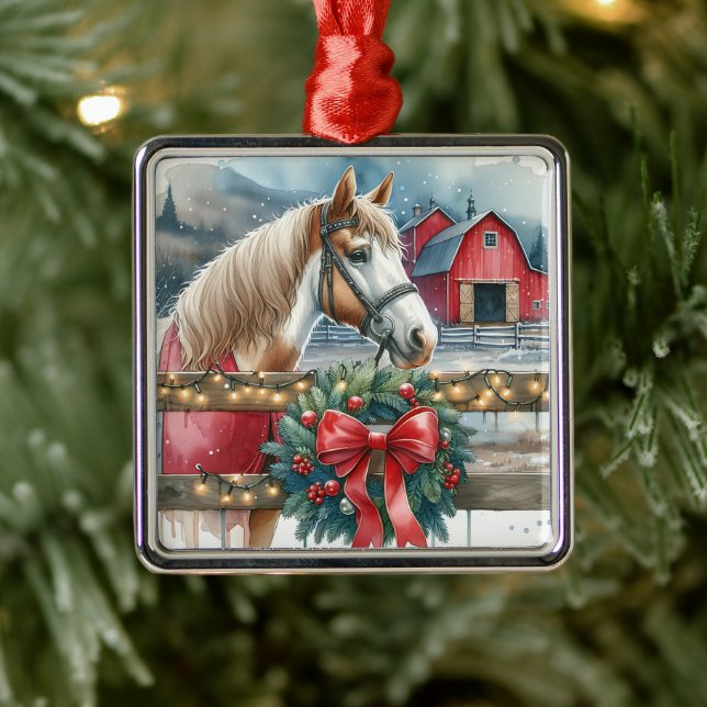 Horse at a Farm Christmas Metal Ornament (Tree)