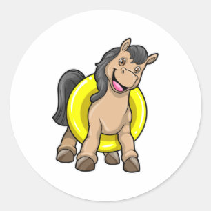 Horse at Beach with Swim ring Classic Round Sticker