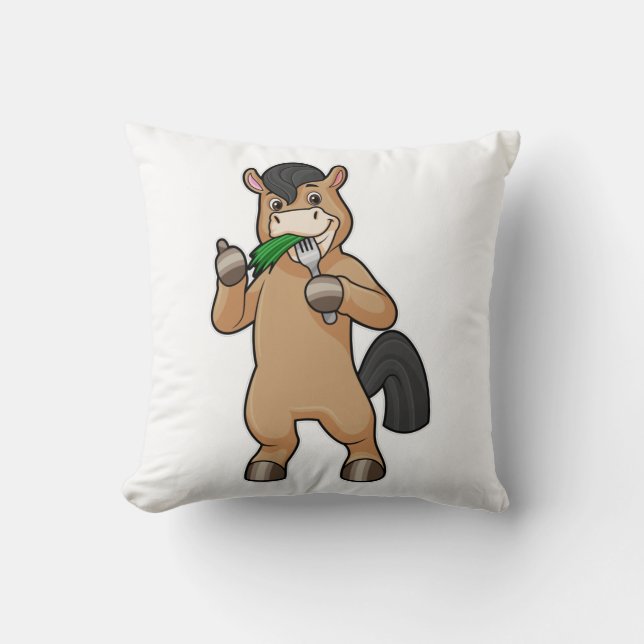 Horse at Eating Vegan Throw Pillow (Front)
