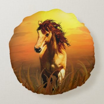 Horse At Sunset Round Pillow by deemac2 at Zazzle