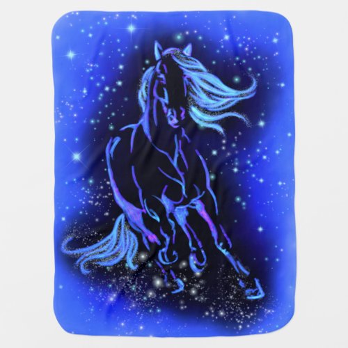 Horse Baby Blanket Running In Blue Starry Night 