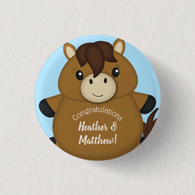 Horse Baby Shower Blue Boy Button (Front)
