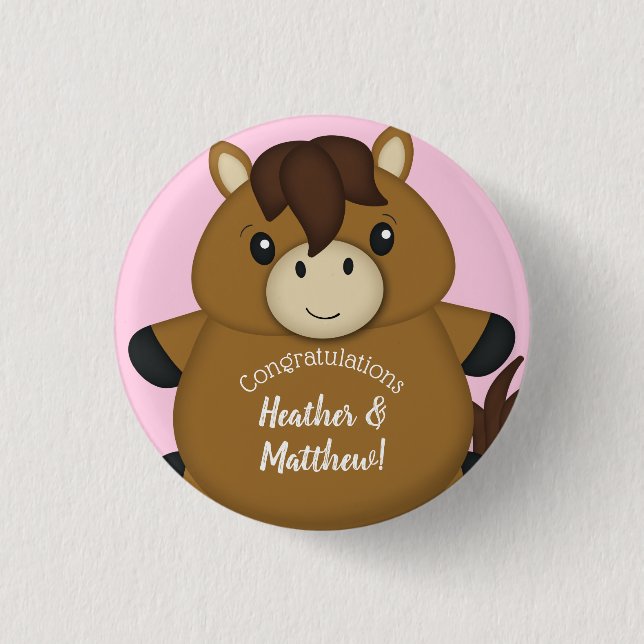 Horse Baby Shower Pink Girl Button (Front)