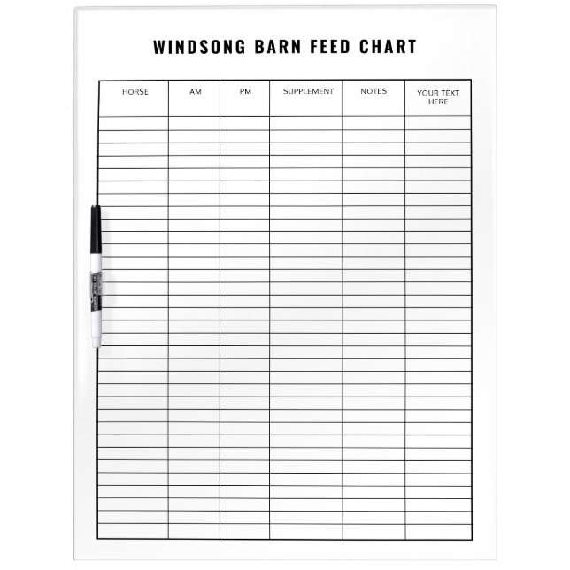Horse Barn Feed Chart Equestrian Care Dry Erase Board (Front)