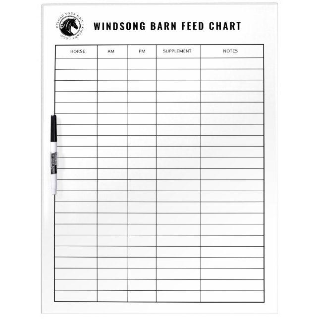 Horse Barn Feed Chart Equestrian Logo Dry Erase Board (Front)