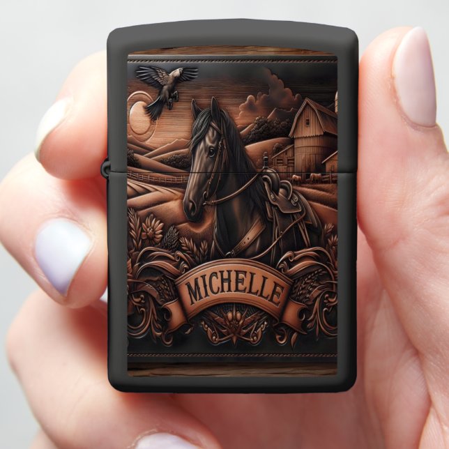 Horse & Barn Leather Artwork Zippo Lighter (In Hand)