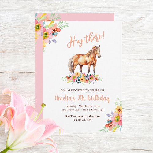 Horse Birthday Floral Pony Pink Invitation